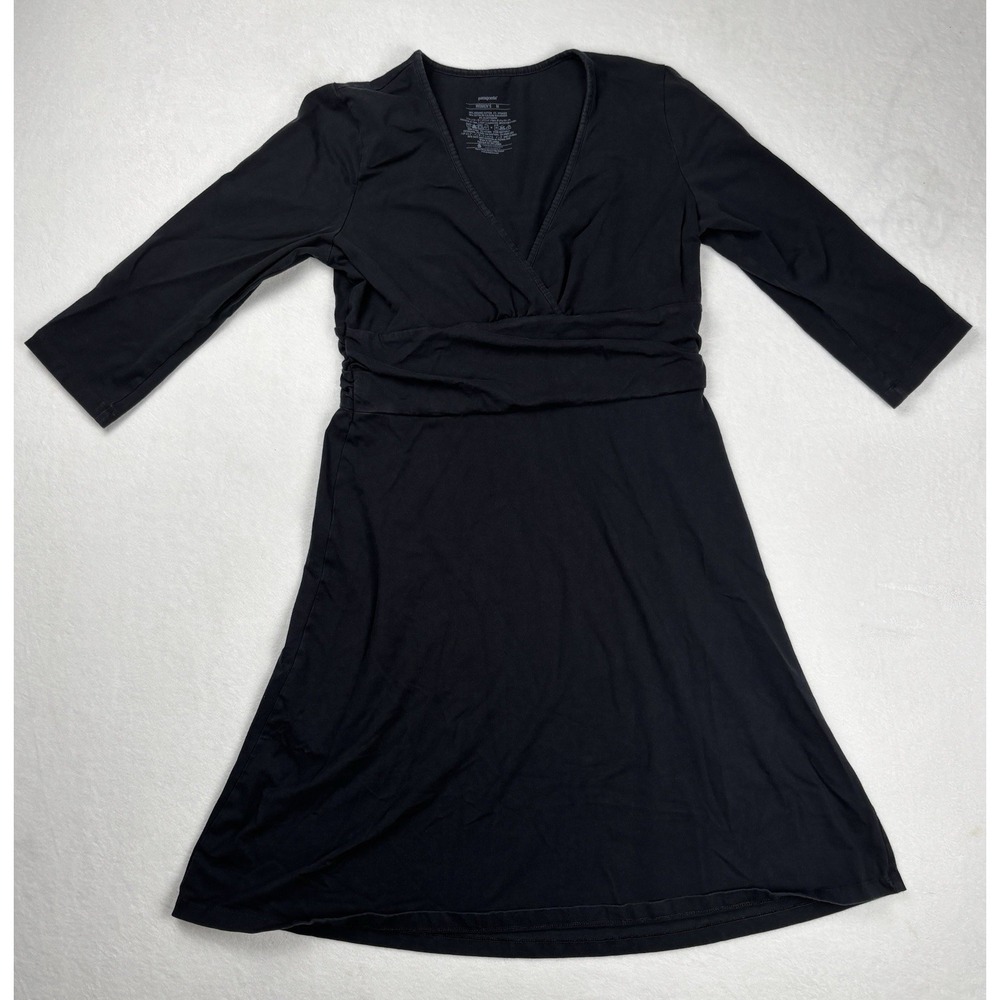 Patagonia‎ Womens Wrap Dress Medium Black Knee Length 3/4 Sleeve Stretch